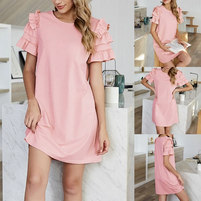 

Women's Pleated Sleeve Waist Ruffle Short Sleeve Pure Color Home Casual Mini Dress