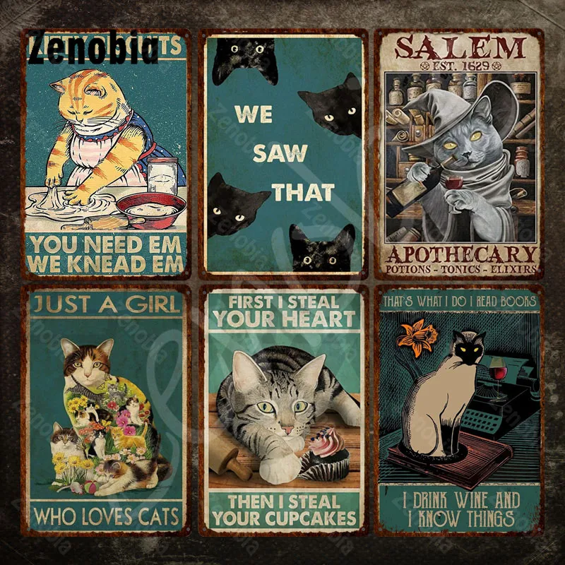 

Cats and Words Vintage Metal Poster Cartoon Animal Retro Tin Signs Metal Signs Iron Painting Wall Stickers for Home Wall Decor