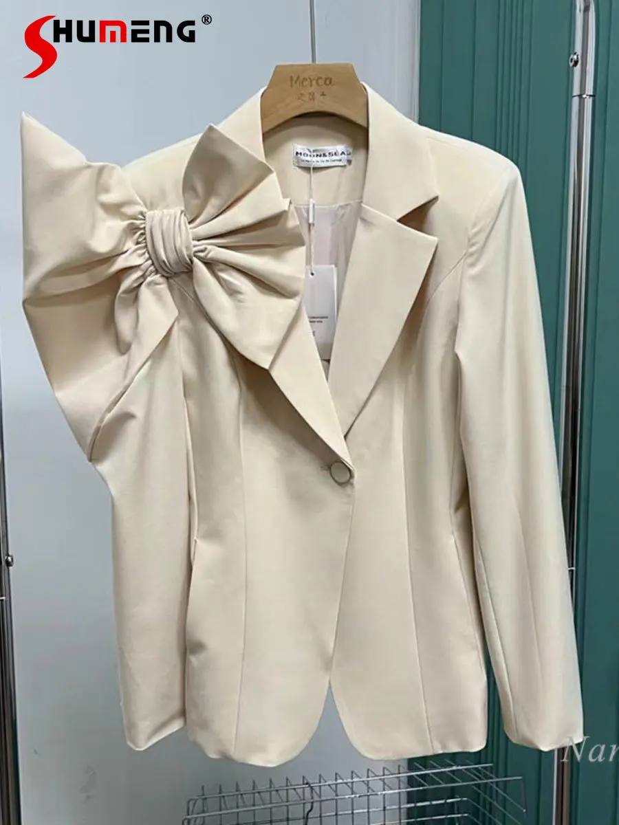 2023 Spring New Bow Decoration Irregular Slim Waist Slimming Thin Suit Jacket for Women Sweet Apricot Blazer Coats Office Ladies