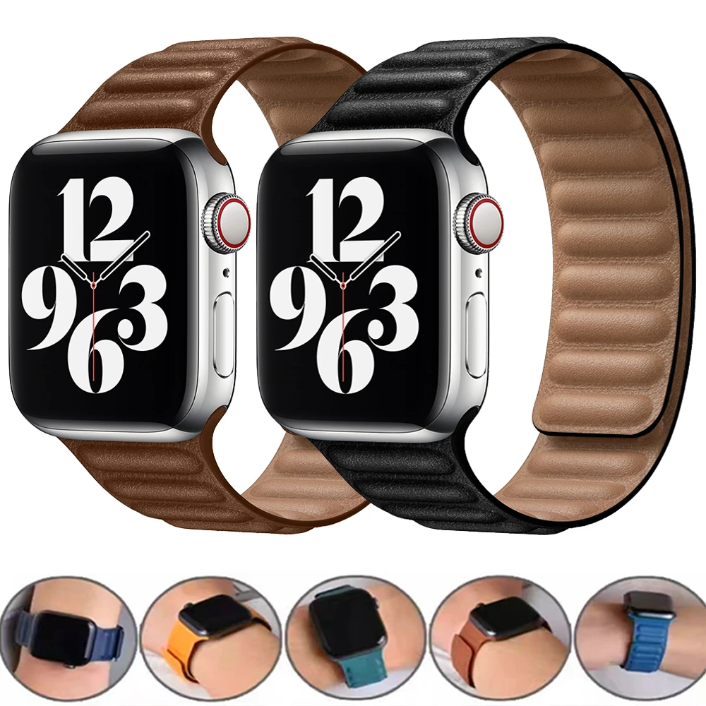 Фото Ремешок кожаный для Apple watch band, магнитный браслет для iWatch Series 1 2 3 5 4 SE 6 7, 45 мм 41 мм 44 мм 40 мм 42 мм 38 мм №2