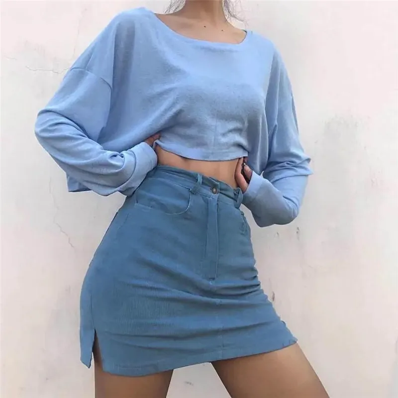 2022 New Woman Retro O-neck Cotton Green Black White Blue Thin Hedging Round Neck Loose Long-sleeved T-shirt Crop Top Women