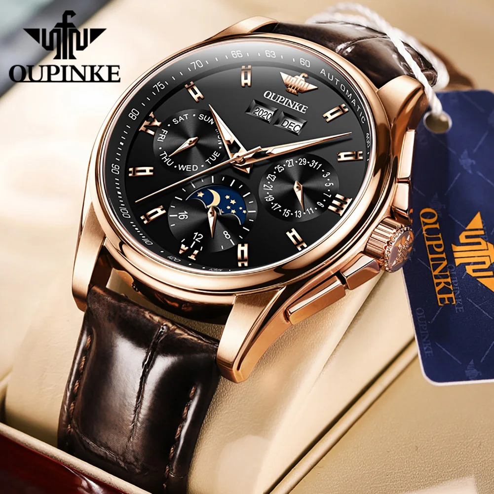 

OUPINKE Automatic Mechanical Business Watch for Men Multifunctional Waterproof Genuine Leather Strap Men Wristwatches Luminous