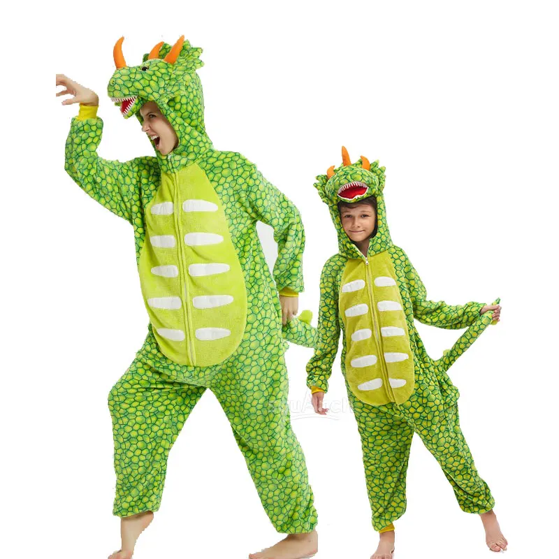 Family Matching Pajama Green Dragon Onesie Halloween Mother Kids Outfits Animal Kigurumis Christmas Jumpsuit Zipper Overalls