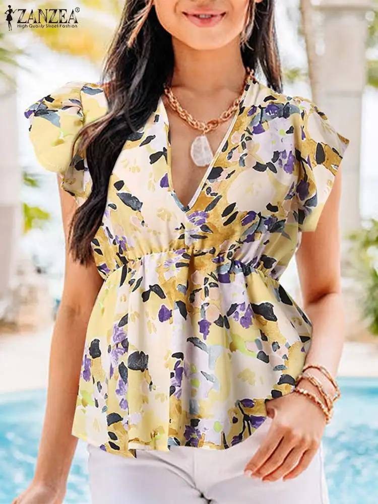 

Bohemian Elegant Casual Loose Holiday Beach Top ZANZEA Women Summer Floral Printed Blouse Short Sleeve V-Neck Tunic Party Blusa