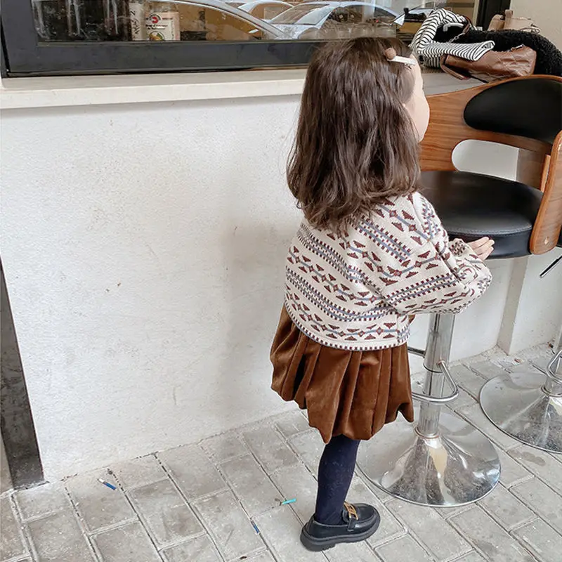 Girls Spring Autumn Set 2022 New Korean Style Knitted Retro Style Dress Cotton Two-Piece Set Fashion Baby