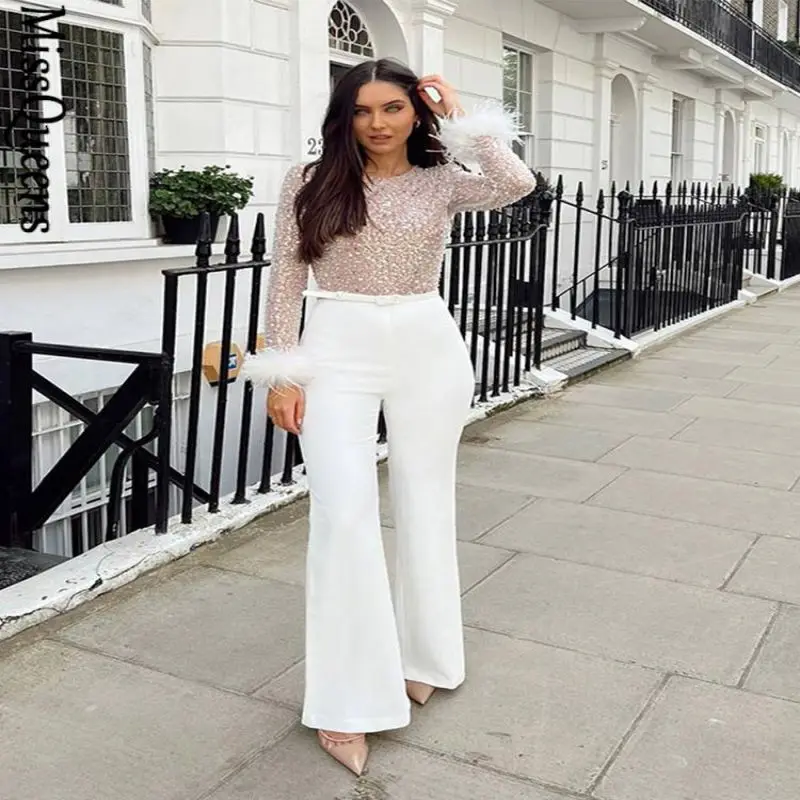 

Women Feather-paneled Sequined Faux Pearl Jumpsuit 2022 Spring Sexy Causal Elegant Long Sleeve Top Flared Trousers 2 Piece Sets