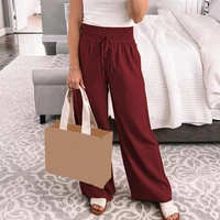female trouserswoman pants lightweight solid color tie belt loose fit plus size wide leg long pants for daily wear