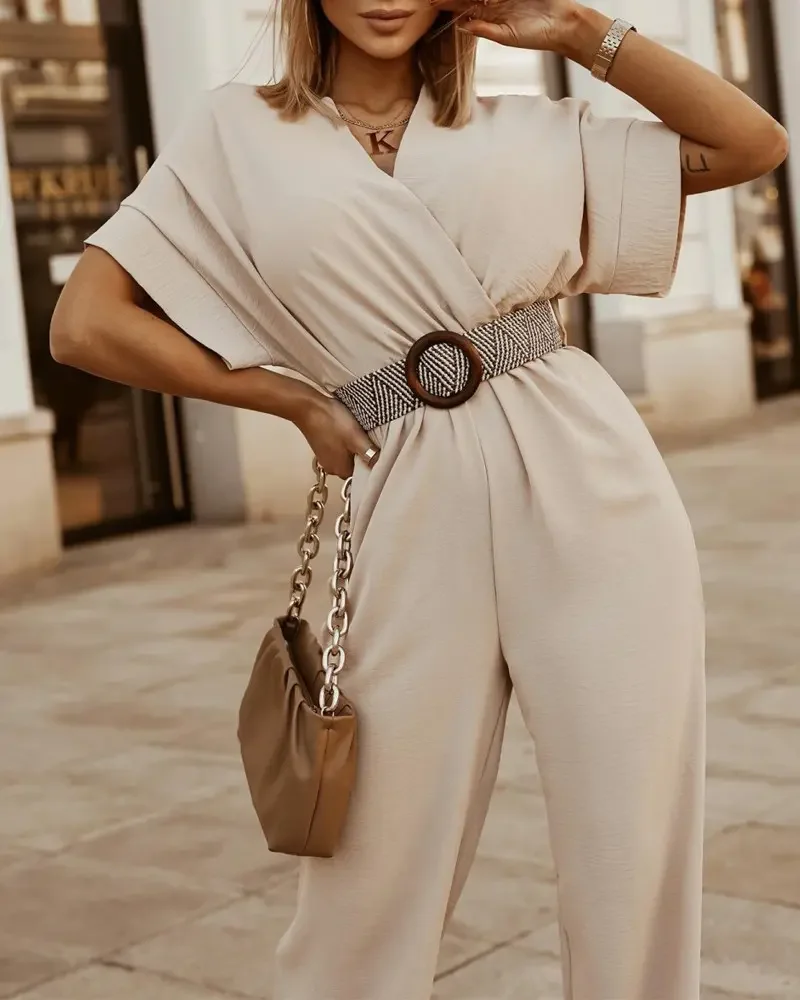 Summer Woman Casual Chic Batwing Sleeve Surplice Neck Plain Short Sleeve Long Jumpsuit