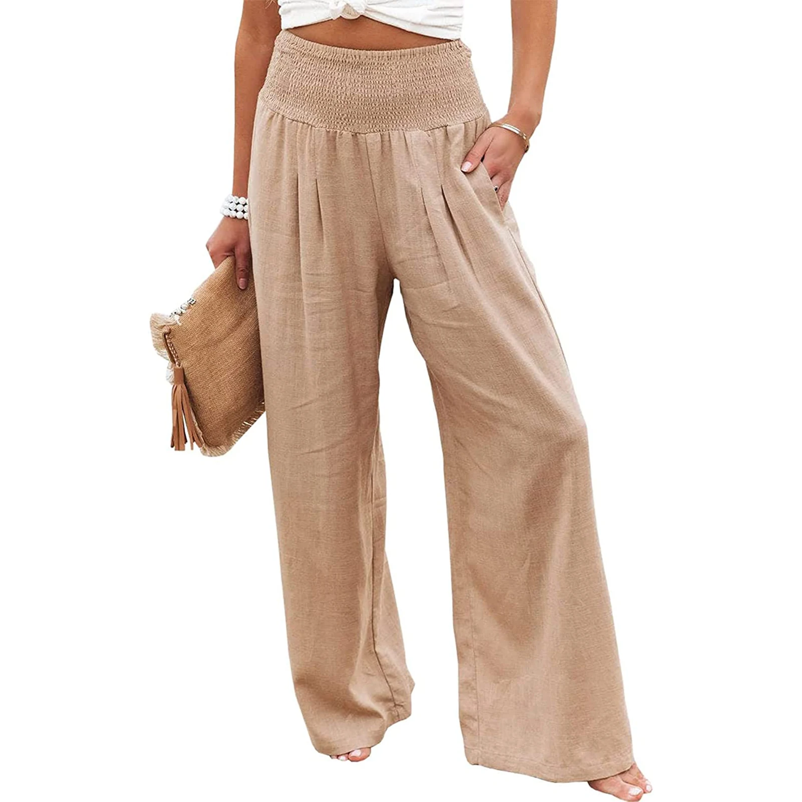Daily Lounge High Waist Casual Beach Loose Summer With Pocket Long Fashion Solid Women Pants Trousers Cotton Linen Wide Leg