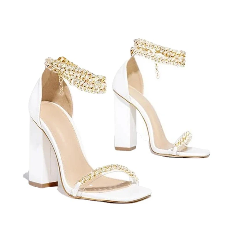Fashion Casual Sandals Ankle Strap Chunky High Heels Lady Pumps Summer Women Sandals Golden Chain Embellished High Heels Female