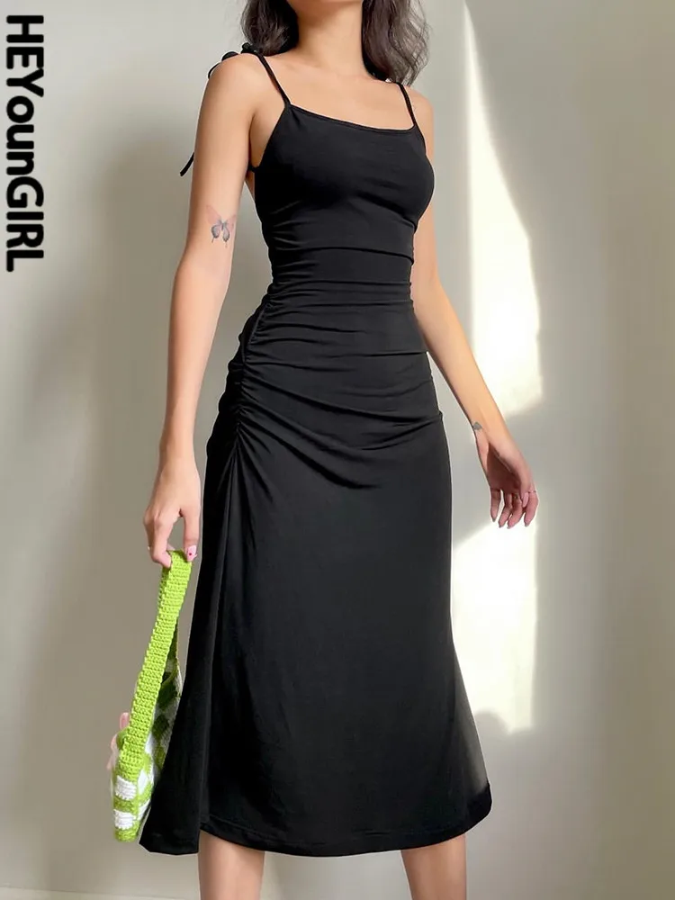 HEYounGIRL Summer Backless Sexy Party Midi Dress Women Black Sleeveless Strap A...