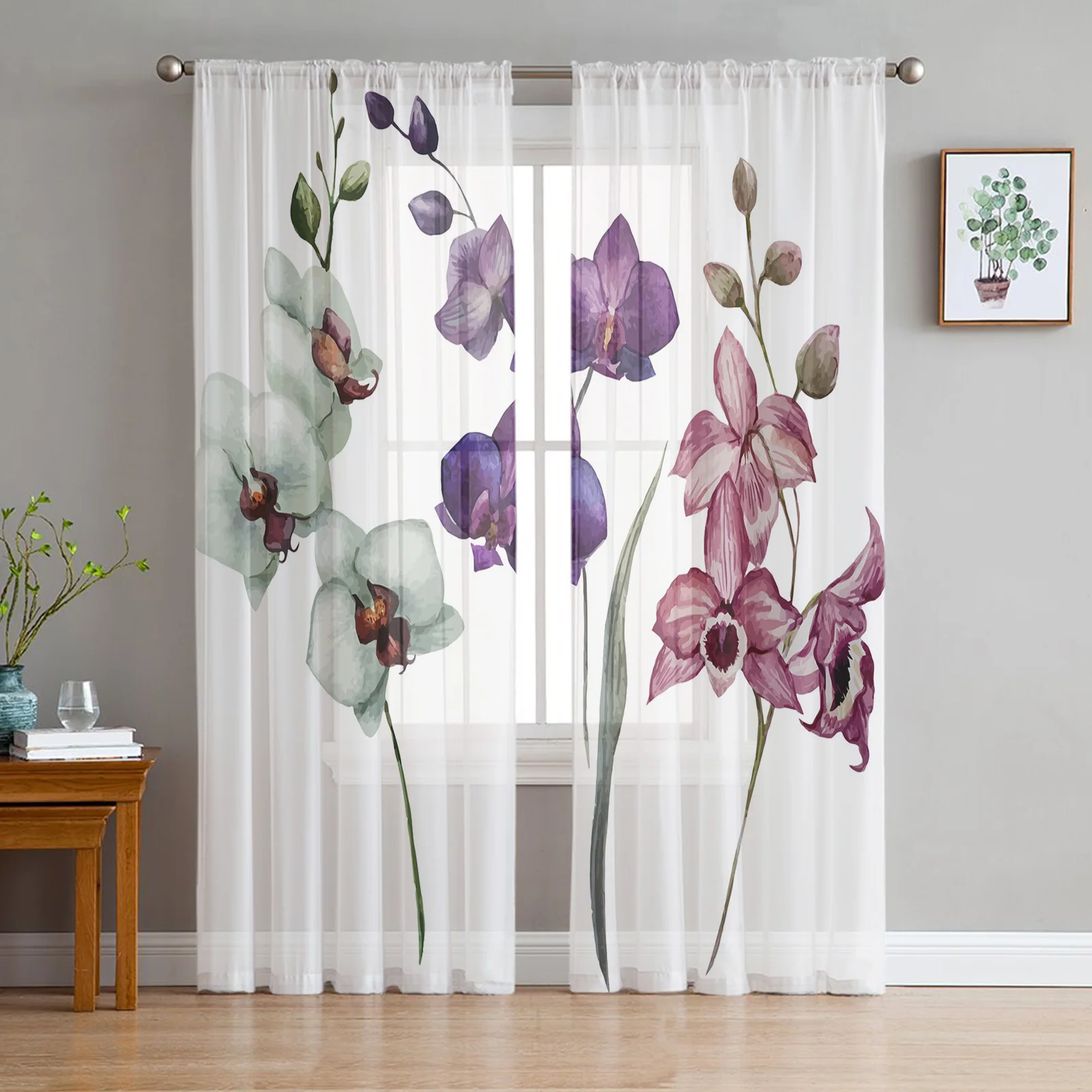 

Colorful Orchid Flower Plant Art Tulle Curtains for Living Room Bedroom Decoration Chiffon Sheer Voile Kitchen Window Curtain