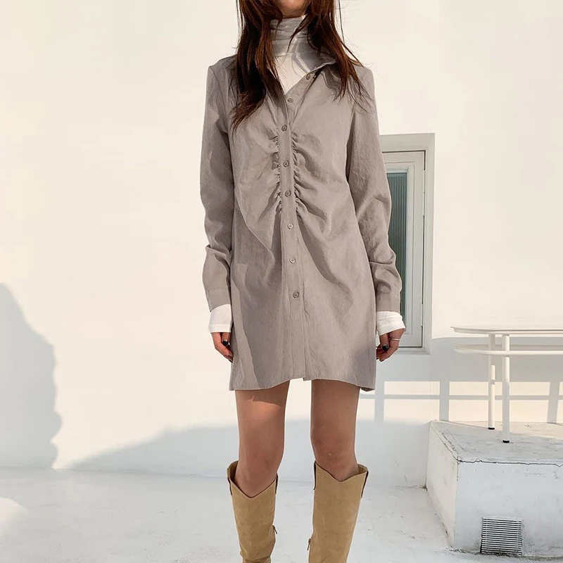 

Office Lady Brown Khaki Dress Women Long Sleeve 2021 Spring Ruched Ladies Mini Dress Fashion Casual Lapel Shirt Dresses Slim Fit