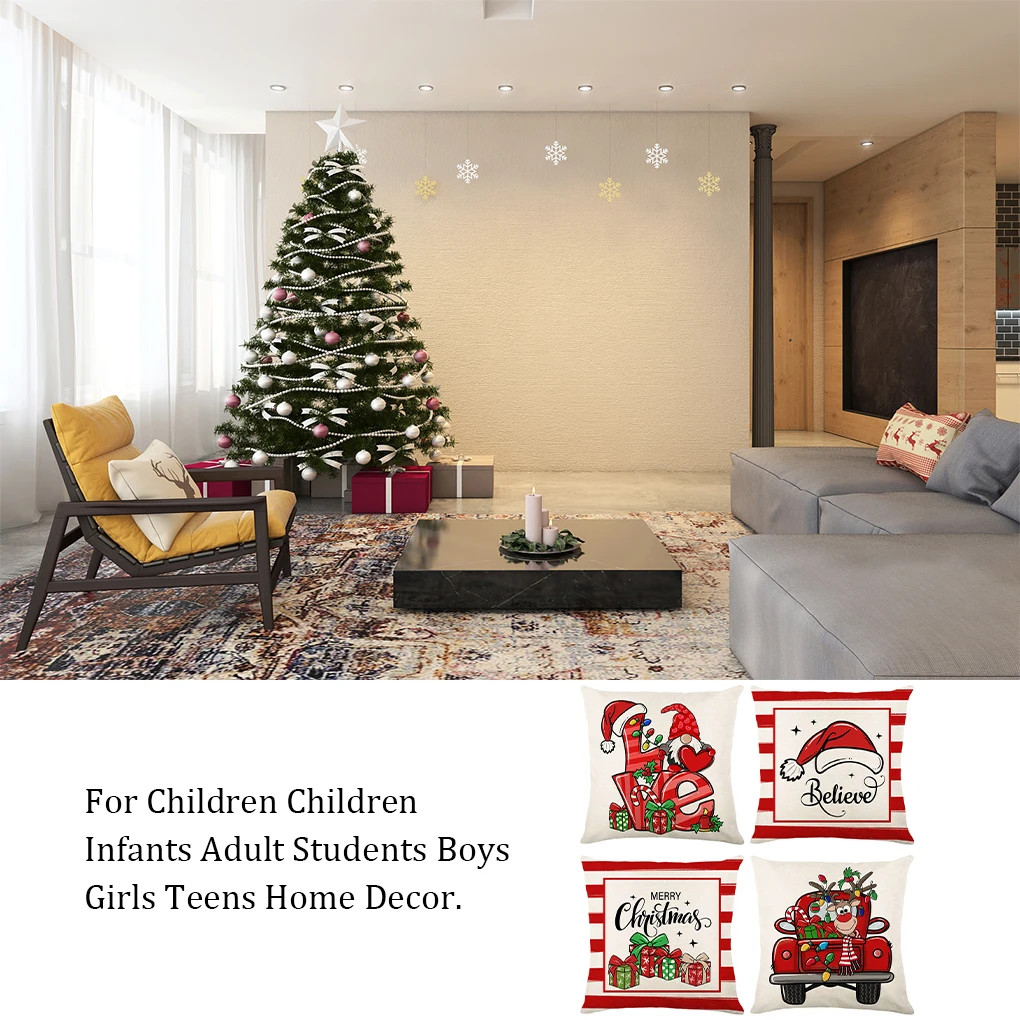 

4Pcs Christmas Pillowcase Zipper Decorative Xmas Themed Office Bed Sofa Chair Pillow Case Cushion Cover Decoration