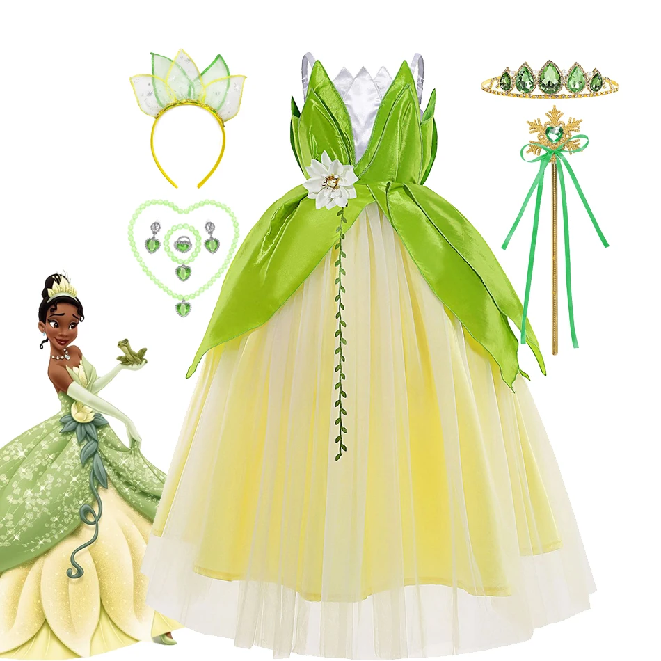 

Disney Princess Tiana Cosplay Costume Girls The Princess And The Frog Green Fairy Dress Halloween Birthday Party Children Gown