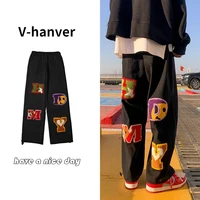 retro pocket letter embroidery unisex straight cargo pants men and women oversize trousers harajuku streetwear casual pants
