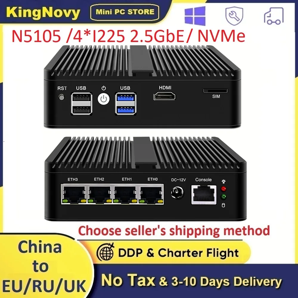 

Industrial Fanless Mini PC N5105 Router 4x Intel i225-V B3 2.5G LAN 2xDDR4 NVMe 4xUSB HDMI2.0 OPNsense PVE ESXi pfSense Firewall