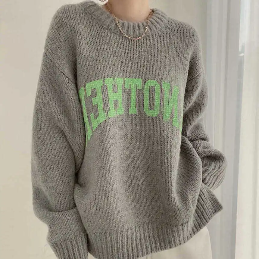 

DAYIFUN/осенне-зимний вязаный свитер, пуловеры для женщин, Ретро стиль, круглый вырез, принт с буквами, длинный рукав, Kintwear 2022, большие размеры, п...