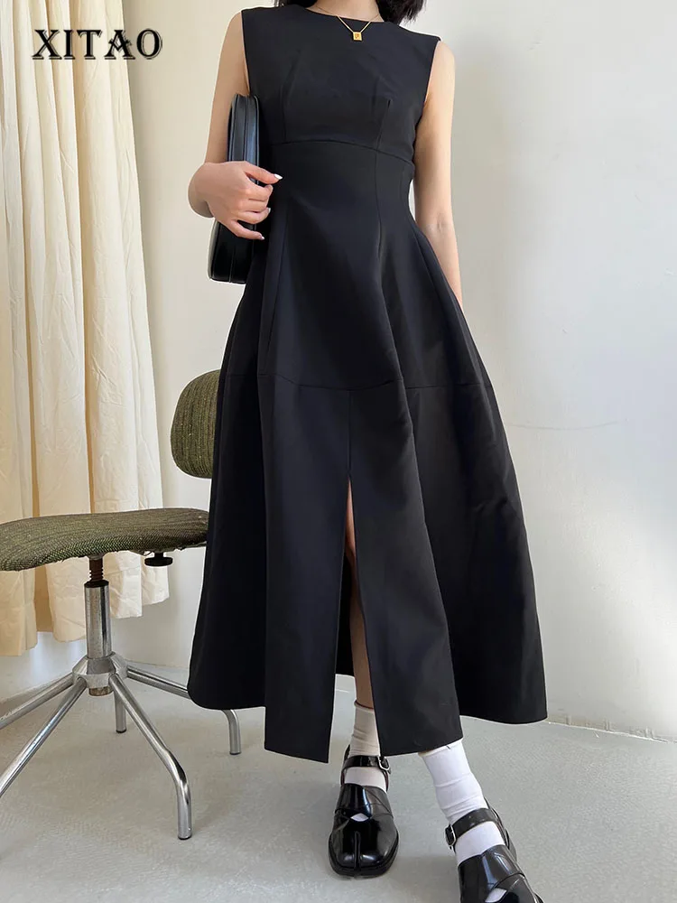 

XITAO Sleeveless Slit Dress Fashion Solid Color Temperament Long O-neck Pullover High Waist Simple Casual New Women WMD7218