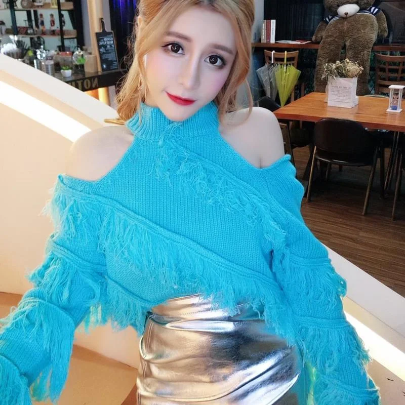 

Fall Sexy Sweaters Women Fashion Cold Shoulder Turtuleneck Knitted Tops High Street Sweet Fairy Tassles Pullovers Sueter Mujer