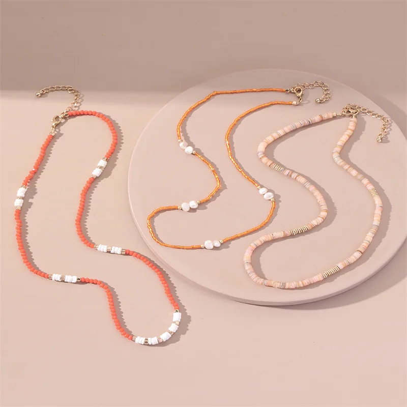 

3 Pieces New Arrival Women Shell Pearl Manual Beaded Necklaces All-match Clavicle Chain Fashion Girl's Jewelry Set