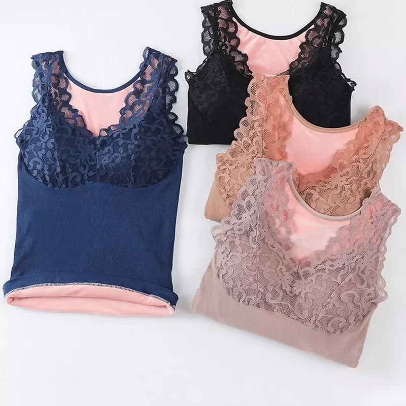Sale Ladies Autumn Winter Seamless Sexy Lace V-neck Bottoming Sling Fleece Vest Women 's Thermal Underwear with Chest