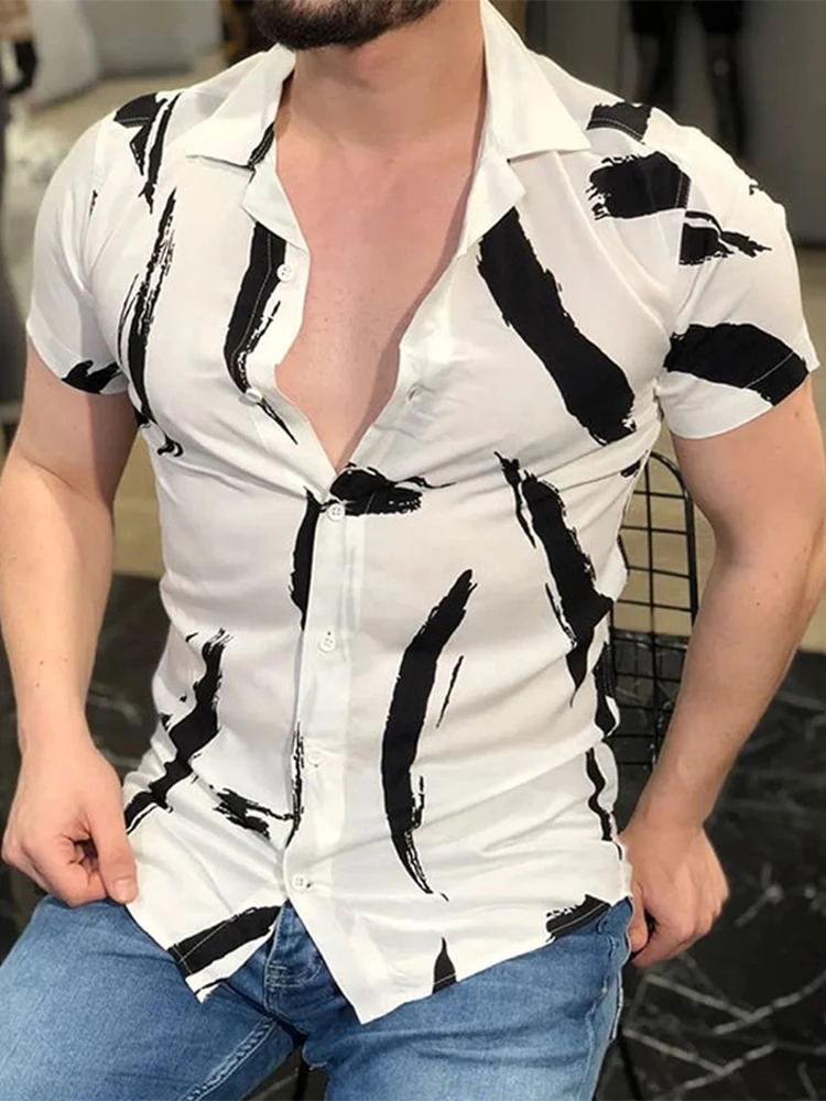 

Summer Retro Pattern Print T-shirts Mens Short Sleeve Pullover Tops Streetwear Fashion Turn-down Collar Button Tee Shirt For Men
