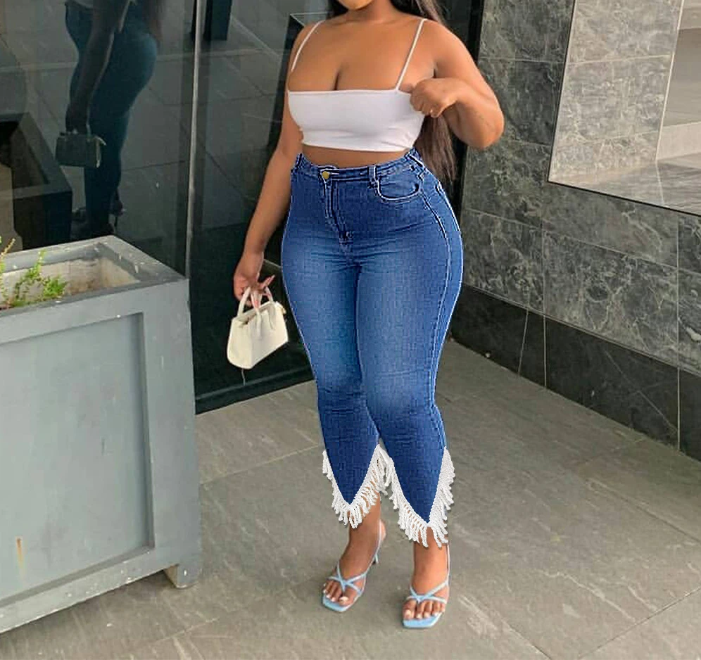Spring and Summer New Fashion Women's Stretch Tassel Jeans Women's Slim Casual Commuter All-match Pants Female and Lady Clothing