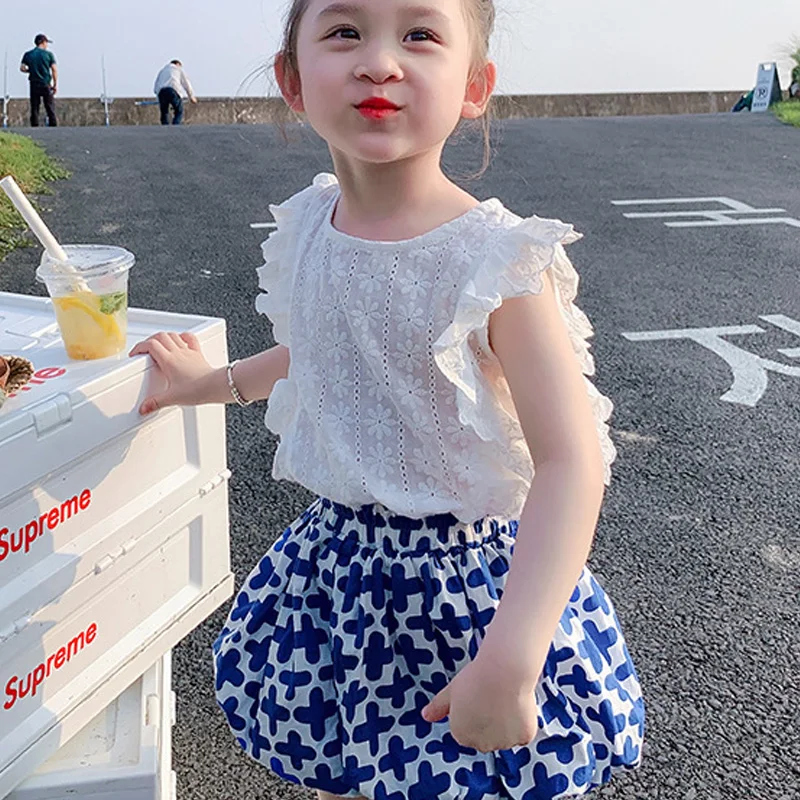 

Humor Bear Girls Clothes Set 2022 New Summer sleeveless Lace Ruffle Top+ Bloomers Shorts 2Pcs Casual Kids Clothes
