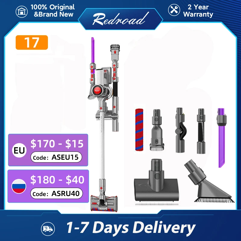 

REDROAD 17 Wireless Vacuum Cleaner Handheld 26.5kPa Suction Power Lightweight Stick 60min Runtime 4 in 1 Double Brush Sweeper