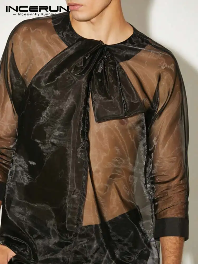 

Модная мужская рубашка INCERUN, сетчатые Прозрачные рубашки с рукавом 3/4, на шнуровке, уличная одежда, однотонные рубашки 2022, сексуальные рубашк...