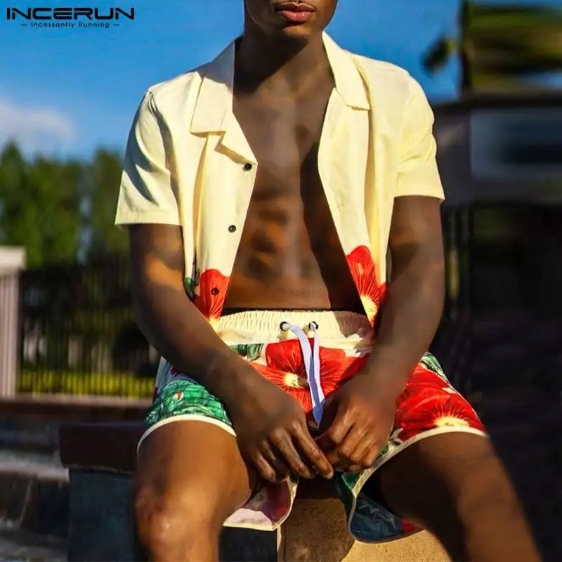 

Men Hawaiian Sets Flower Printing Streetwear 2023 Lapel Short Sleeve Shirt & Shorts 2PCS Vacation Summer Men Suits S-5XL INCERUN