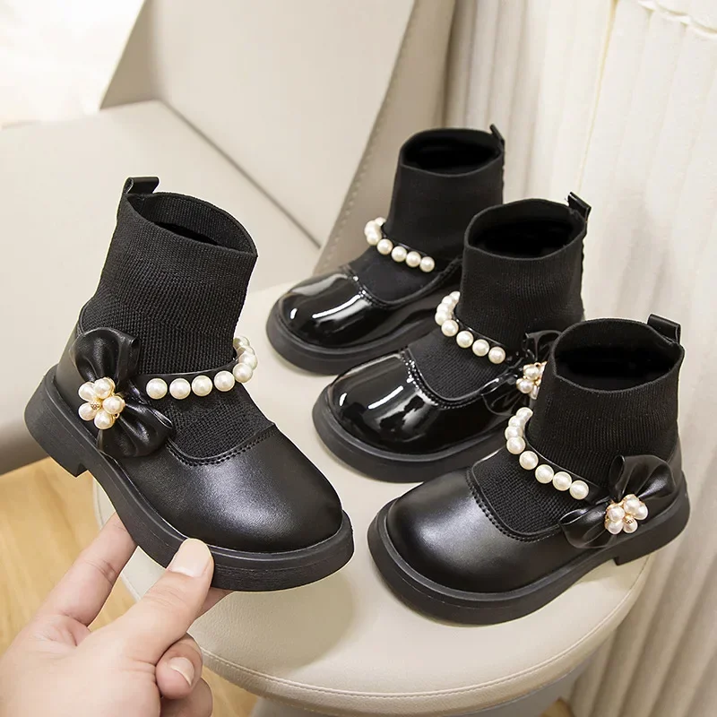 

Girls Princess Bow Sock Boots Spring Autumn New Flying Woven Stitching Pearl Boots Children Fashion Soft Sole Leather Ankle Boot