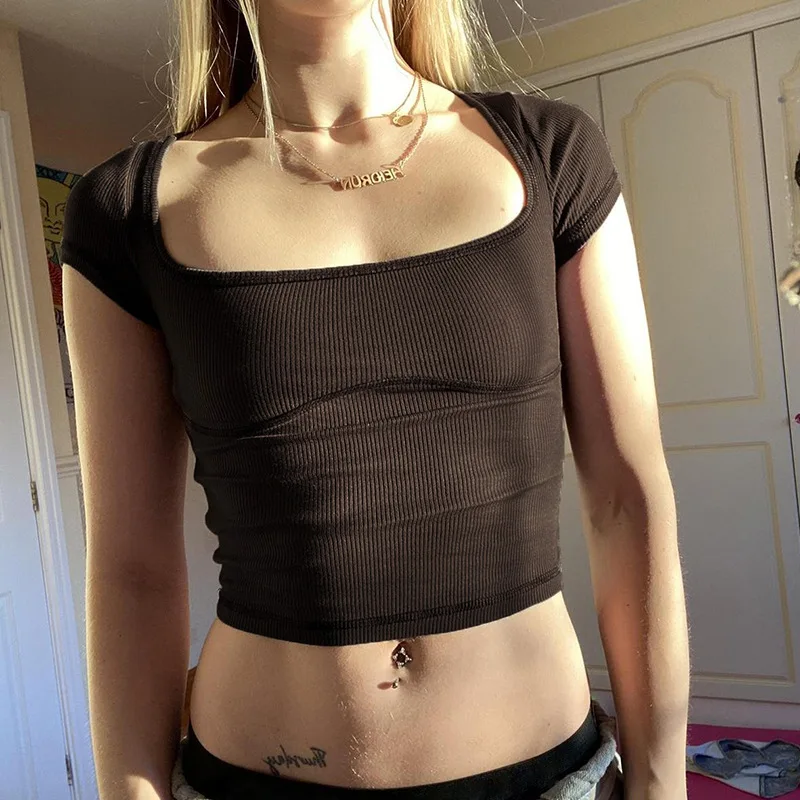 Однотонный облегающий короткий топ с квадратным вырезом Женская Повседневная