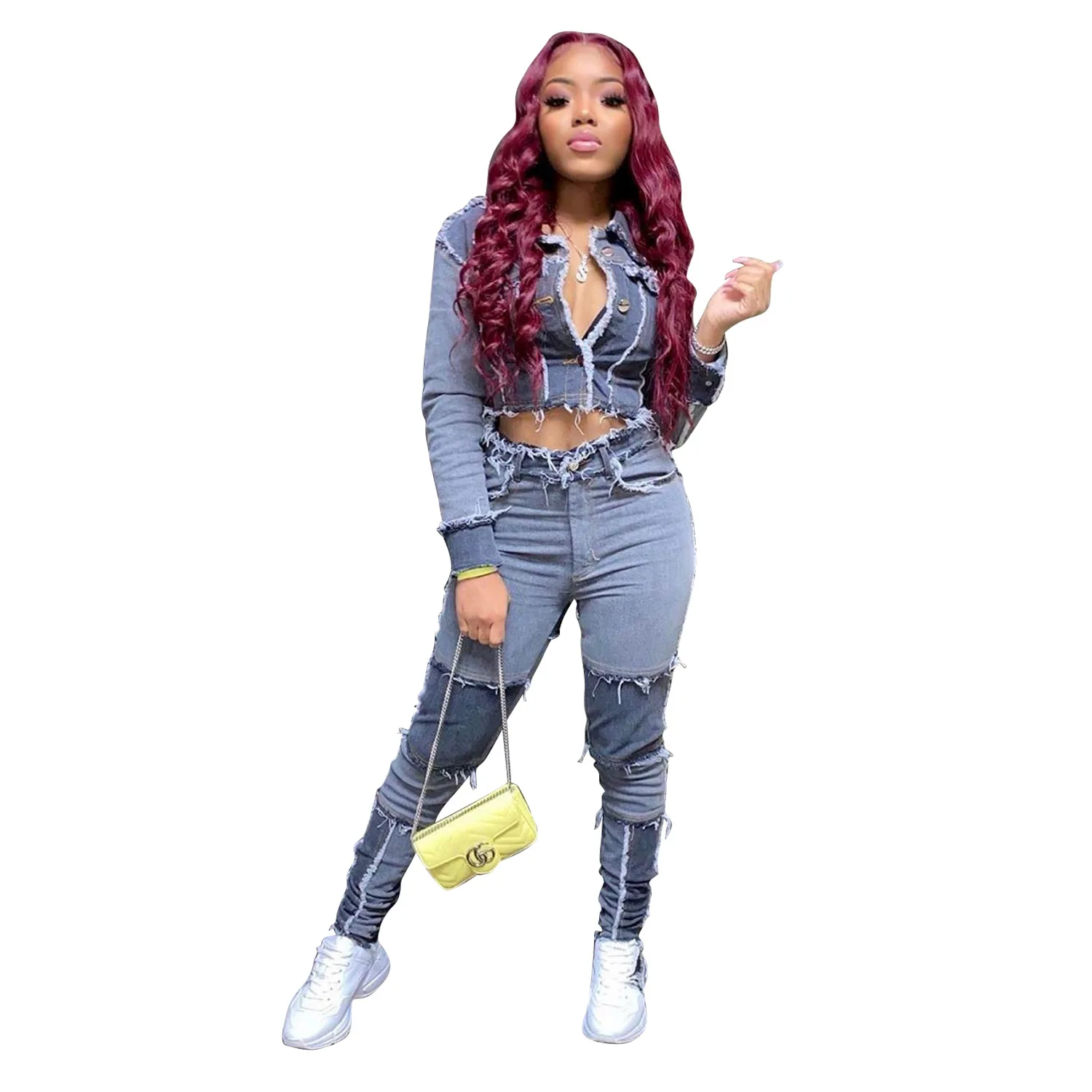 

S-2XL Trendy Casual Clothes Mid Waist Color Block Denim Women Trousers Pants Streetwear Patchwork Jeans Wolesale Dropshipping