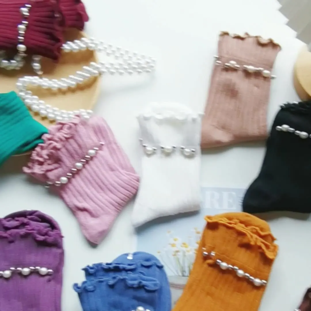 Женские Носки До Середины Икры 1 Пара Модные Плиссированные С Жемчужным Декором |