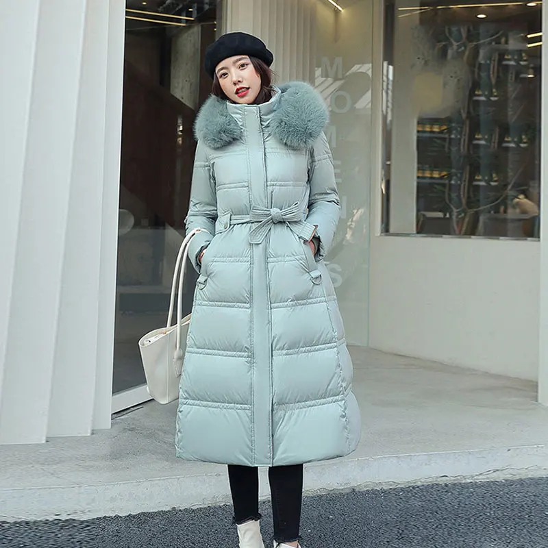 

Long Padded Jacket Thick Winter Women Parka 2022 Down Cotton Coat With Belt korean Slim Overcoat Female Hooded Big Fur Collar