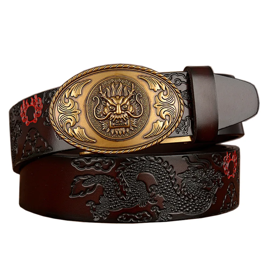 

Famous Luxury Brand Male Belts Automatic Buckle Dragon Pattern Automatic Buckle Belt For Men Cowhide Genuine Leather Waistband