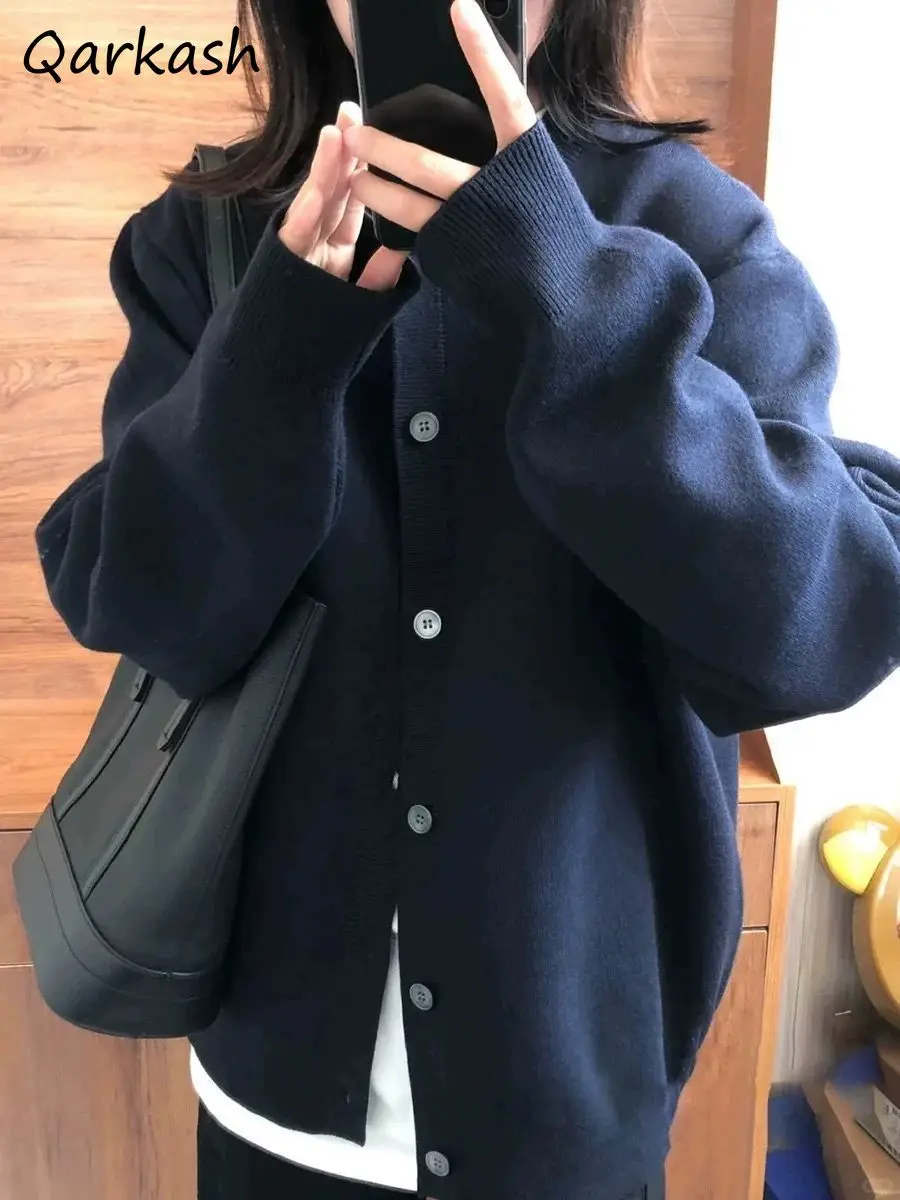 Темно-синий вязаный кардиган для женщин Осенний стильный уютный свободный