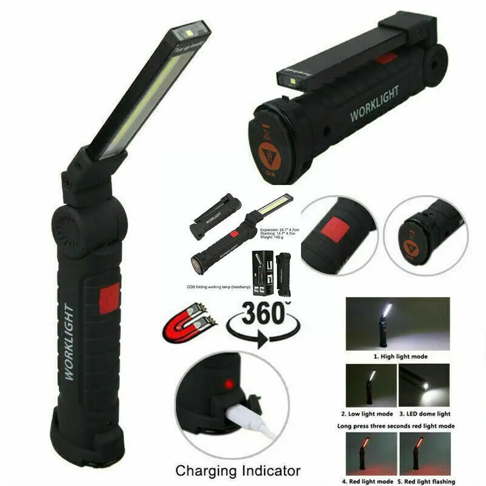 

5 Modes COB LED Work Light USB Rechargeable Working Lights with Magnetic LED Flashlight Inspection Lamp for Car Repair Camp R7P3