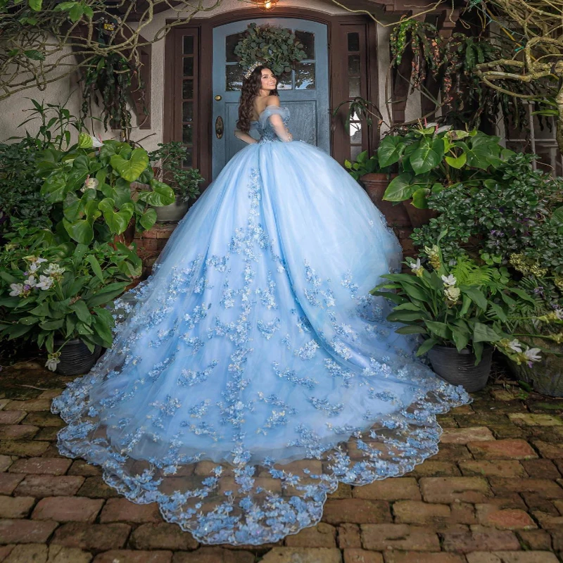 Небесно-голубое очаровательное бальное платье Quinceanera с открытыми плечами