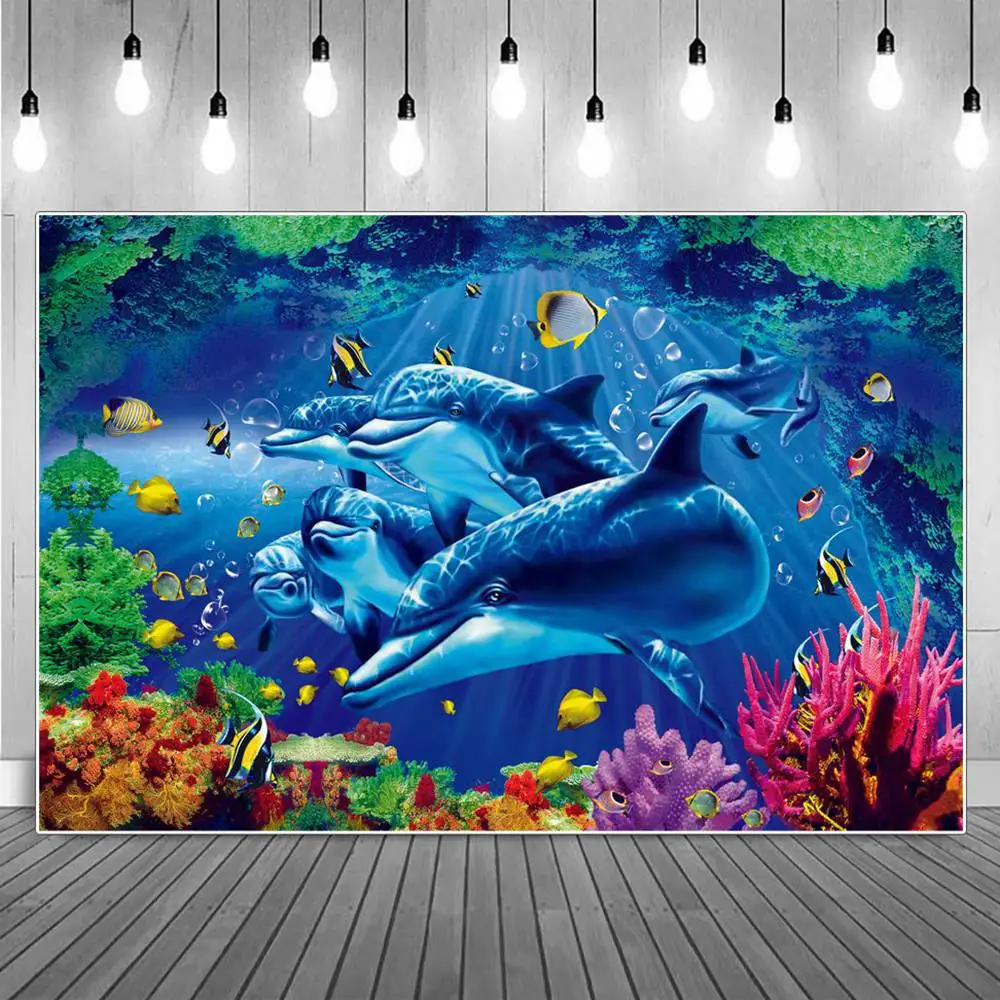 

Ocean Dolphins Group Photography Backgrounds Undersea Seabed Plants Corals Fish Bubbles Scenery Photographic Backdrop Portrait