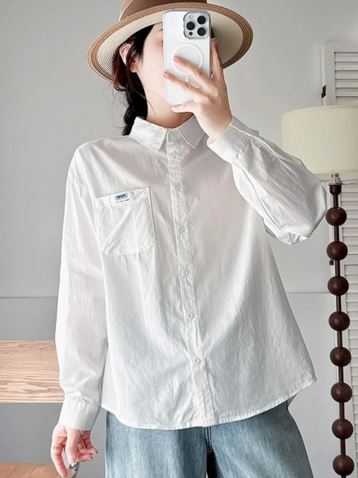 White Pure Cotton Minimalist Sle European Goods Shirts Top Women Loose Korean Design Adjustable Small Blue Labe...