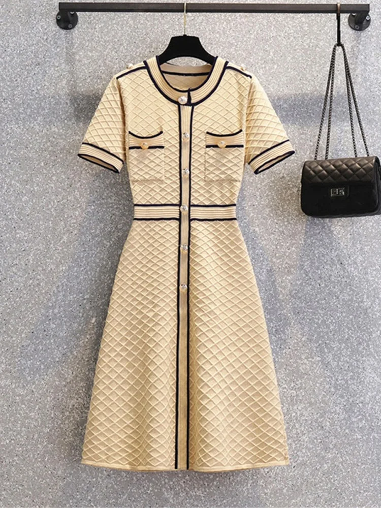 

Женское винтажное трикотажное платье-трапеция, элегантное офисное платье во французском стиле с коротким рукавом, круглым вырезом и высокой талией, лето 2023