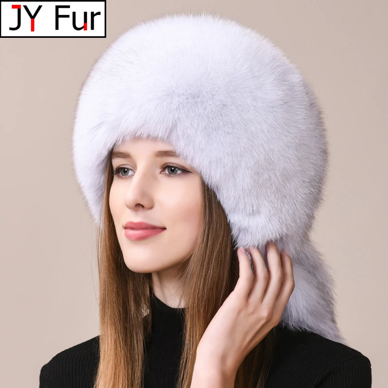 Winter Real Fox Fur Hats For Women Winter Stylish Russian Thick Warm Beanie Luxury Women Hat Natural Fluffy Fur Caps With Tail