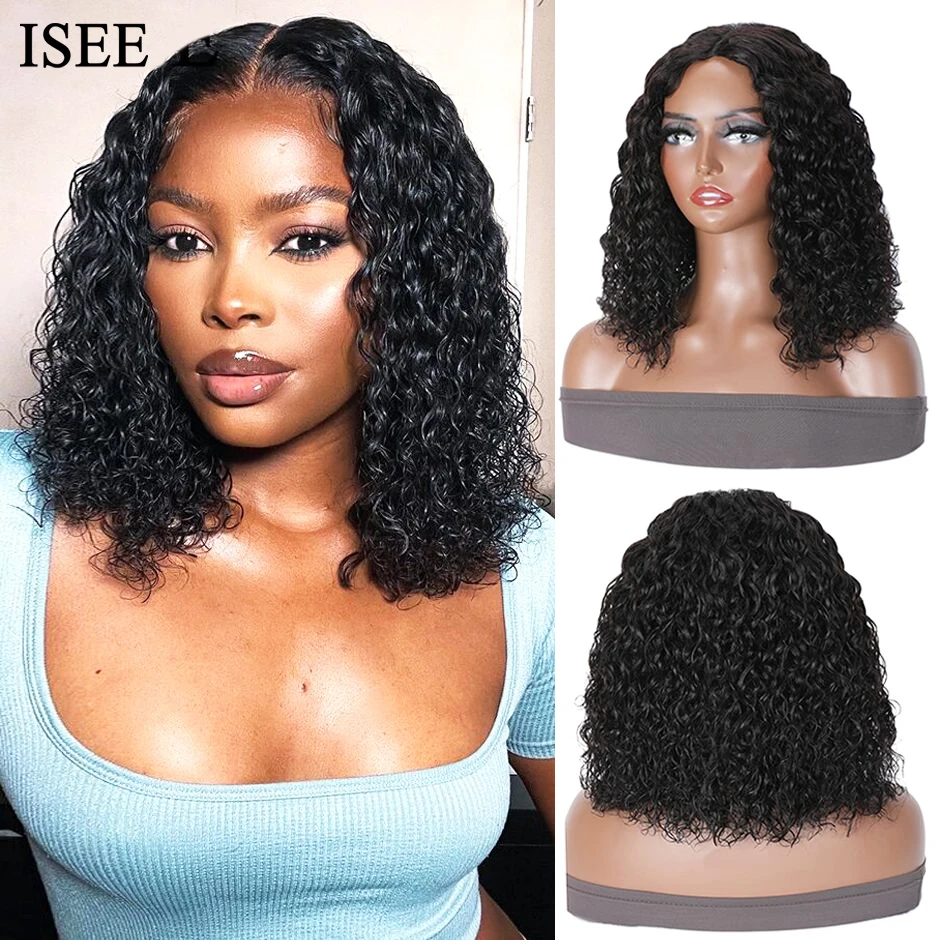 Water Wave Bob Wig 180% V Part Kinky Curly Wigs ISEE HAIR Thin Part Middle Part Glueless Wigs Natural Wave V Part Human Hair Wig