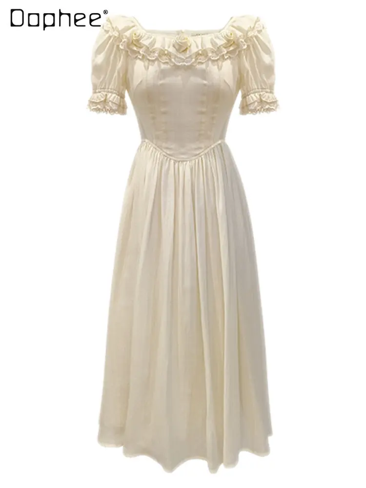 

Женское кружевное платье средней длины, белое элегантное бежевое платье средней длины с короткими рукавами-фонариками в стиле ретро, лето 2023