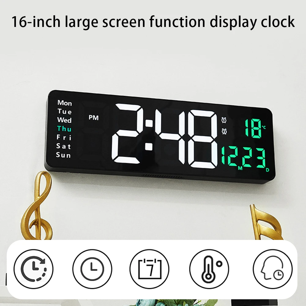 

16 Inch LED Digital Wall Alarms Clocks Temp Date Week Display with Remote Control Electronic Timing Countdown Bell for Home