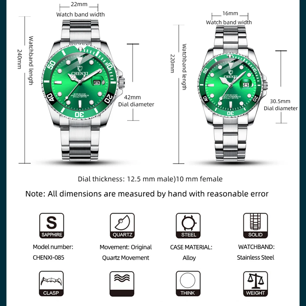 New CHENXI 085 Business Luxury Brand Couple Lovers Mens Women Clock Stainless Steel Luminous Waterproof Calendar Quartz Watch