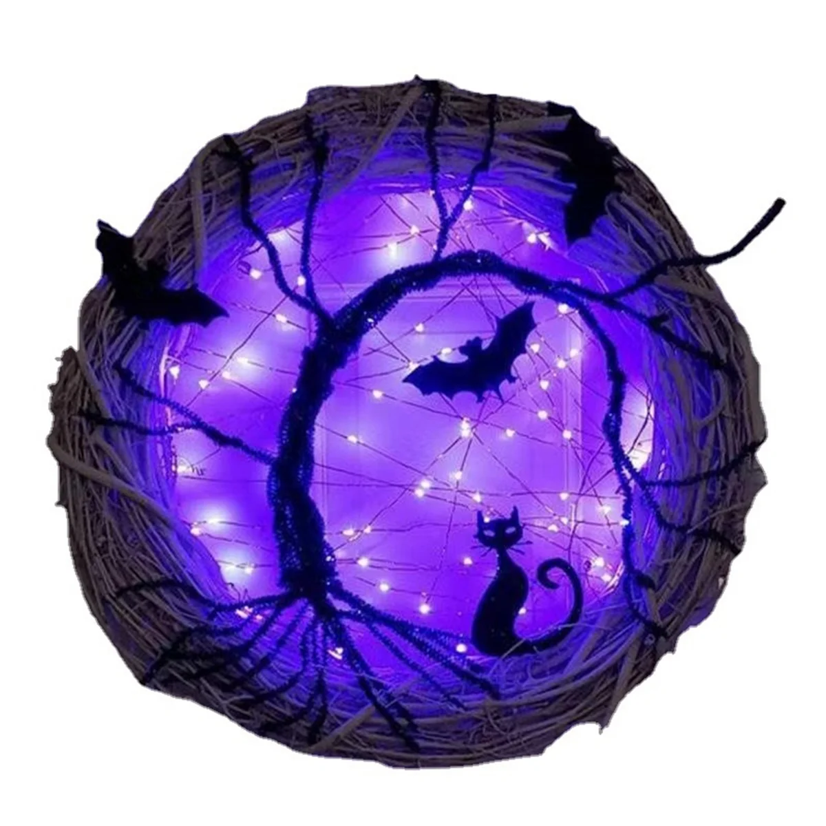 

Halloween Wreaths for Front Door,Halloween Lighted Wreath with Bat Decor,LED Purple Lights Battery Operated